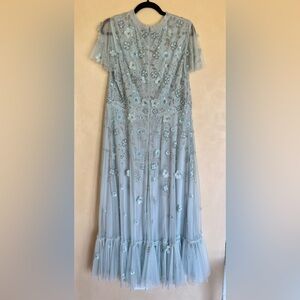 Mac Duggal Sequin Floral Cocktail Midi Dress in Powder Blue